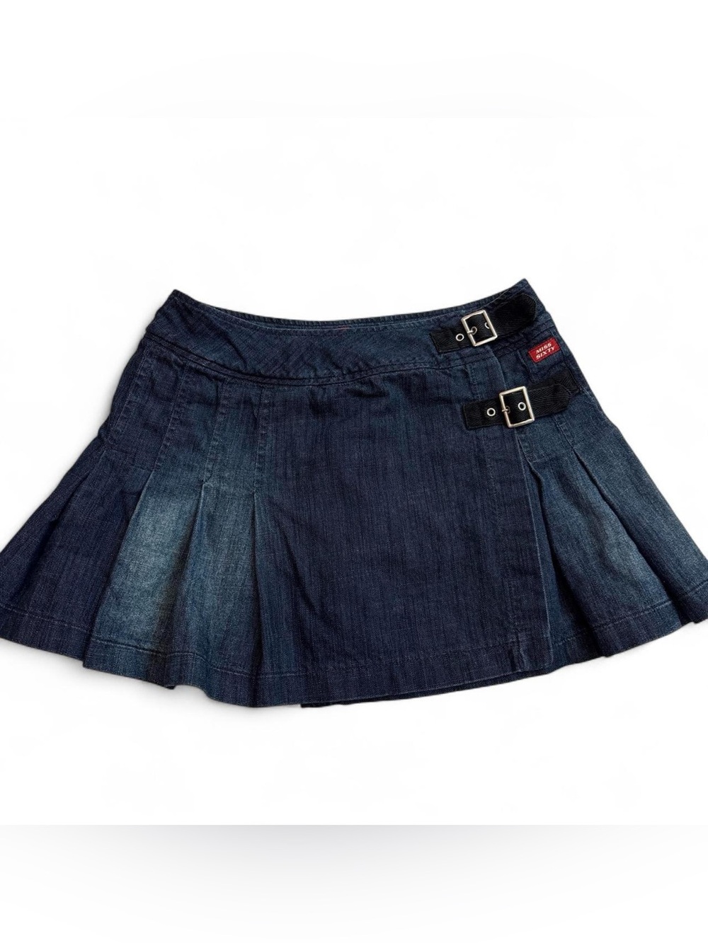 Miss sixty Denim Pleated Mini Skirt with Buckle Detail